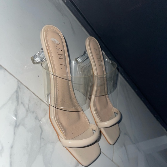 Cream Block Heel Sandals with Transparent Straps - Picture 2 of 4